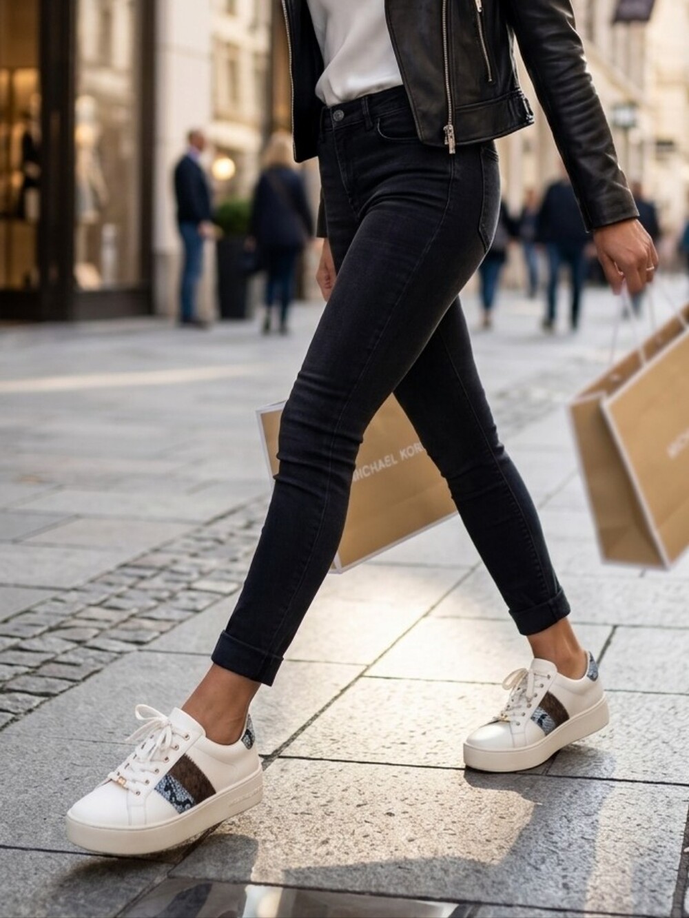 Michael Kors White Leather Sneakers with Gray Snake-Print Accent